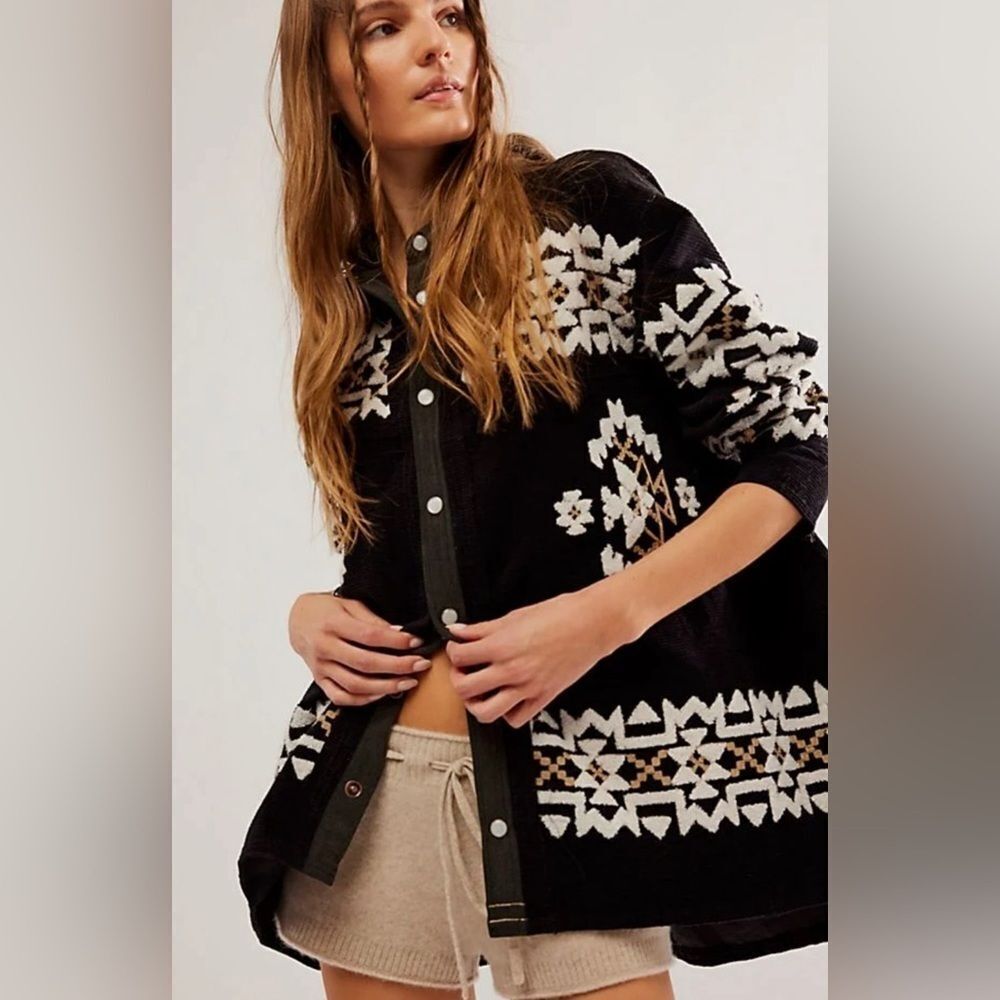 Free People Cozy Up Embroidered Black Corduroy Hooded Shacket Top X Small